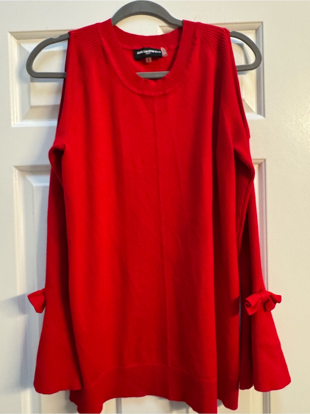 Karl Lagerfeld Misook Red Cold Shoulder Knit Sweater Bow Sleeve Top